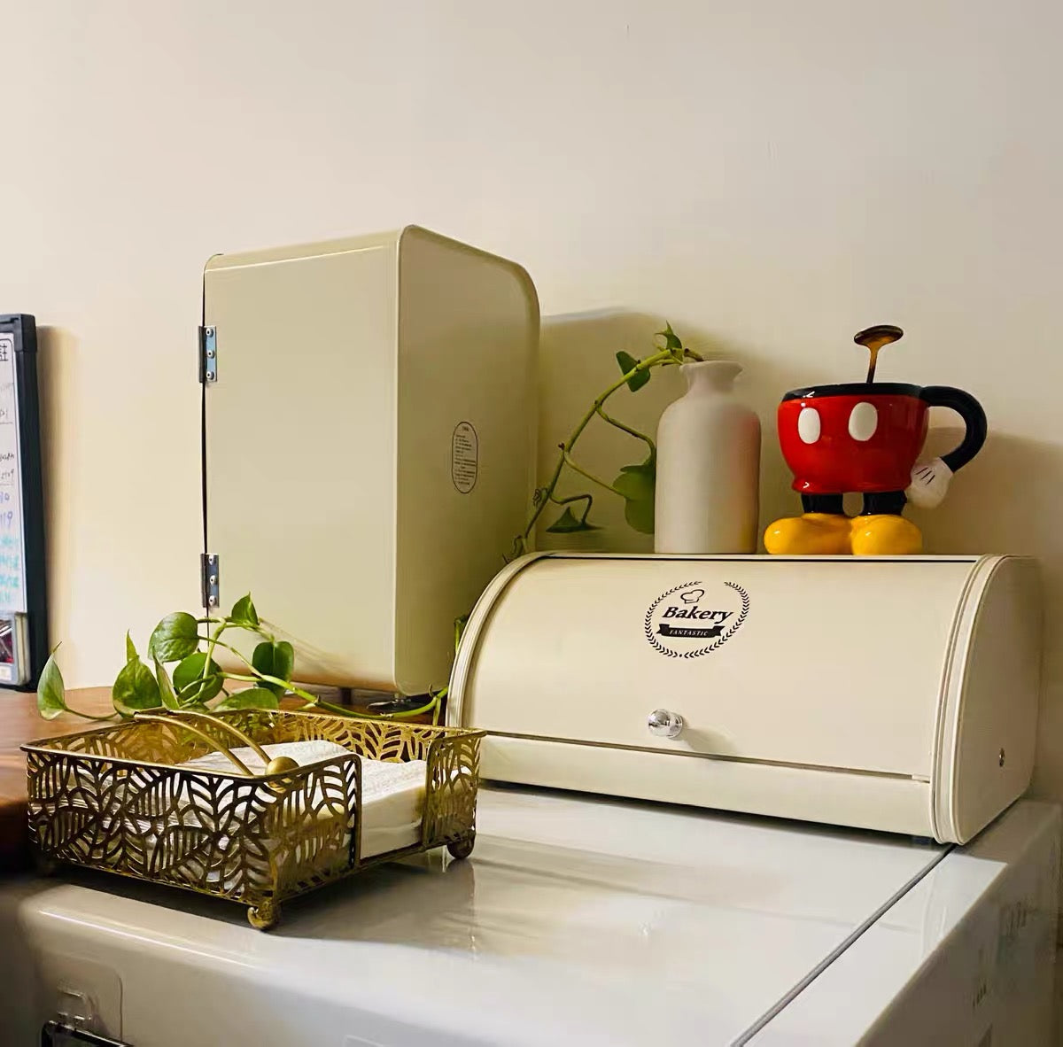 Kitchen Storage Bread Box with Roll Top Lid - Black/White