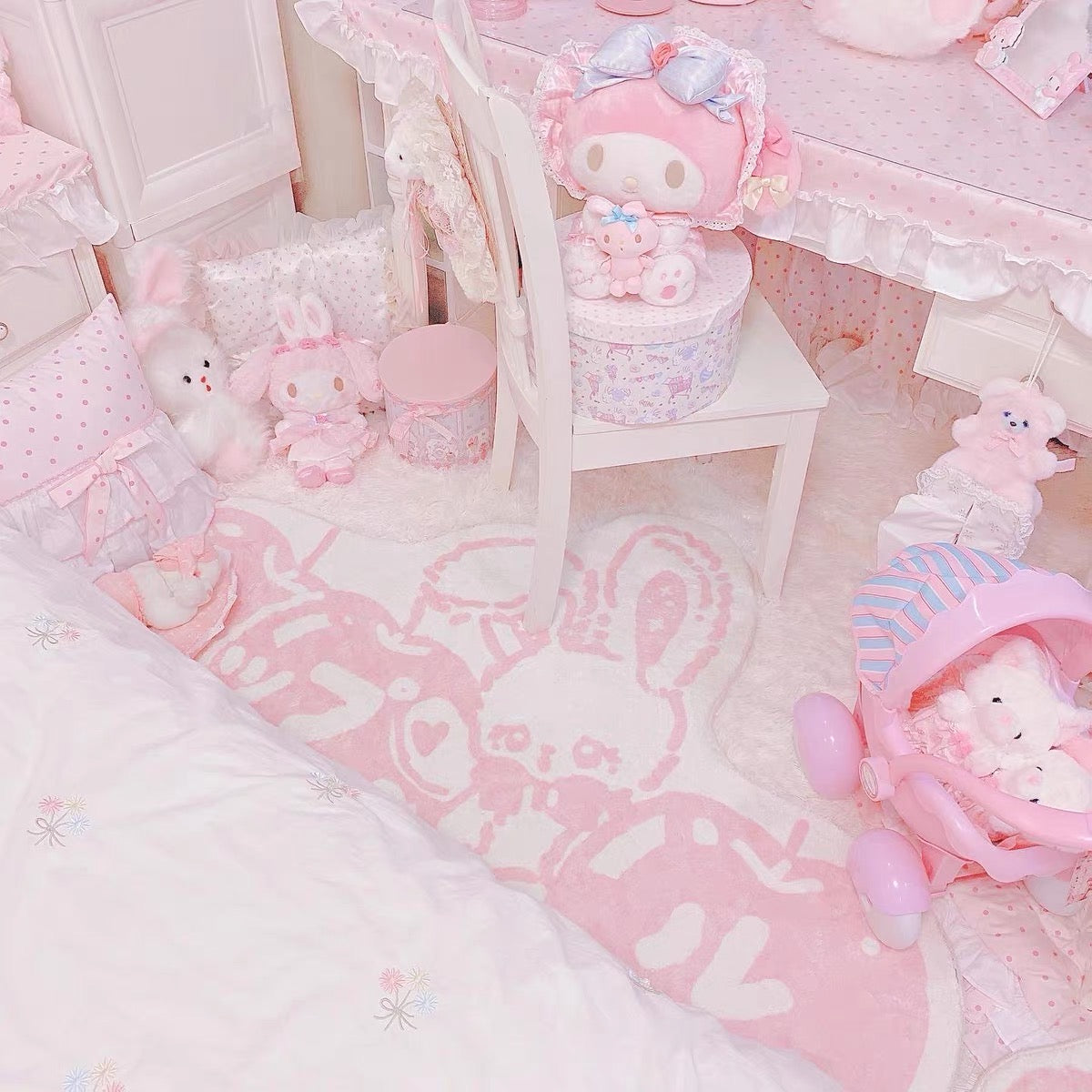 Cartoon Pink Rabbit Washable Carpet for Living Room