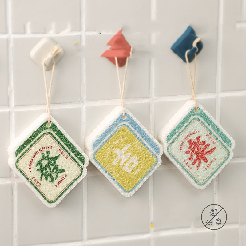 3PC Non-stick Compressed Cartoon Wood Pulp Sponge- Majong Design