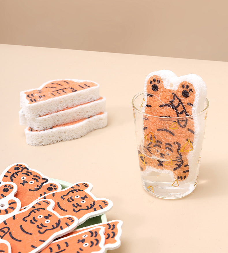 3PC Non-stick Compressed Cartoon Wood Pulp Sponge- Tiger Design