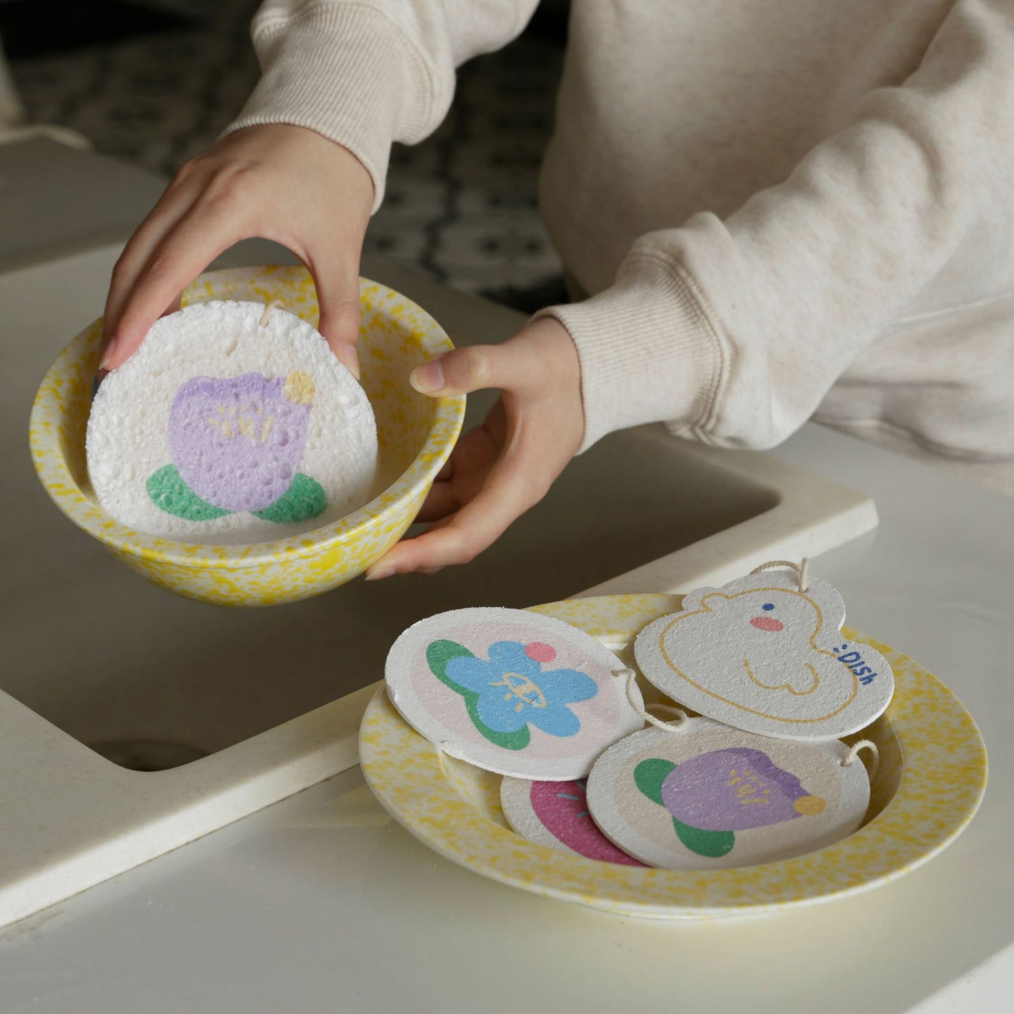 3PC Non-stick Compressed Cartoon Wood Pulp Sponge