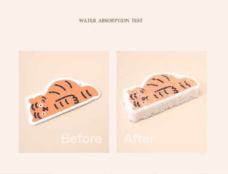 3PC Non-stick Compressed Cartoon Wood Pulp Sponge- Tiger Design