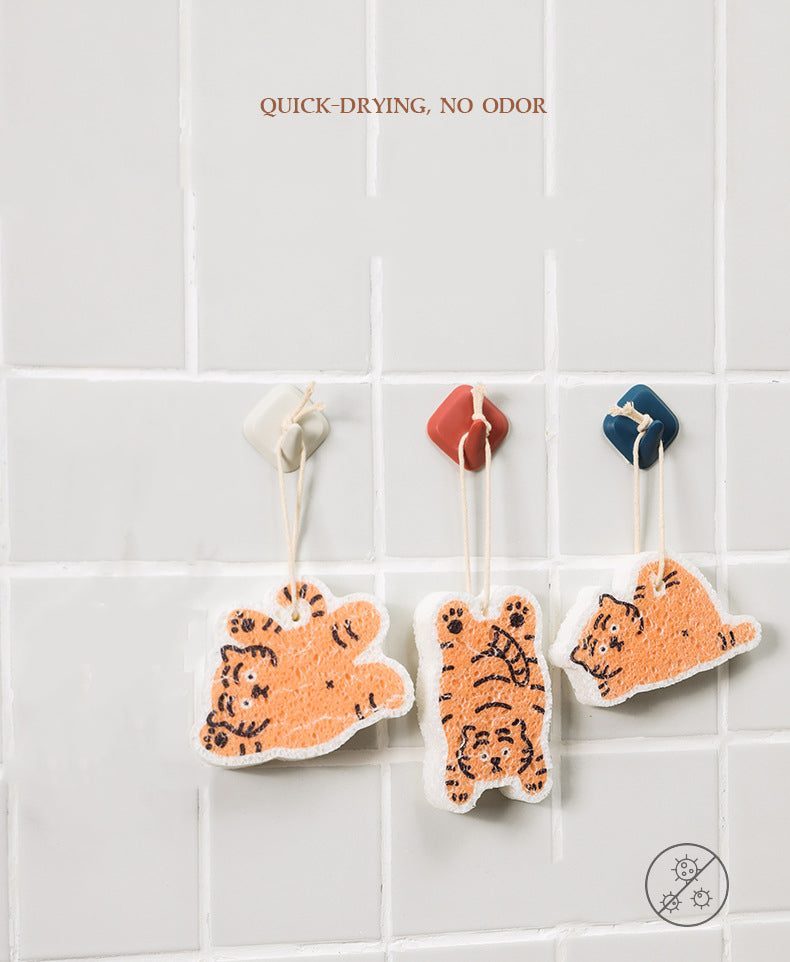 3PC Non-stick Compressed Cartoon Wood Pulp Sponge- Tiger Design