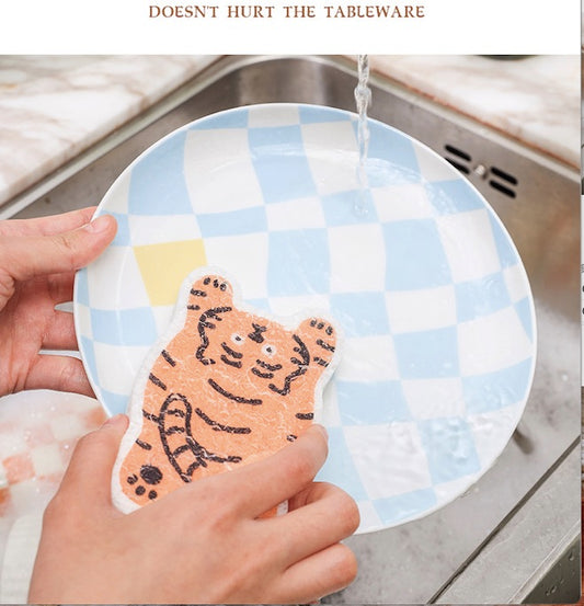 3PC Non-stick Compressed Cartoon Wood Pulp Sponge- Tiger Design